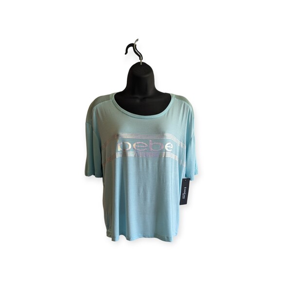 Bebe Logo Fitted T-Shirt Pale Aqua Graphic Tee Large Blue MSRP $39 NEW - Picture 1 of 8